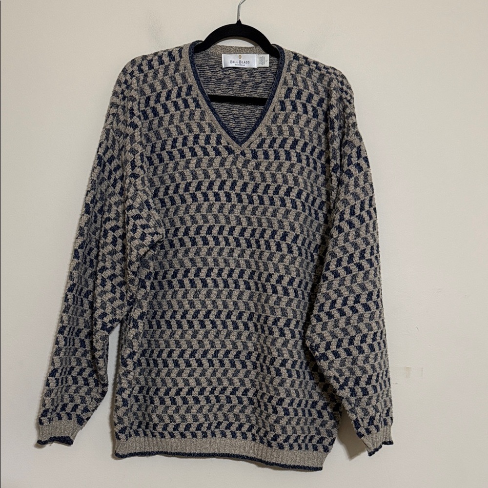 Vintage Bill Blass V-Neck knit Sweater Blue Gray checkered men L grandpa Y2K